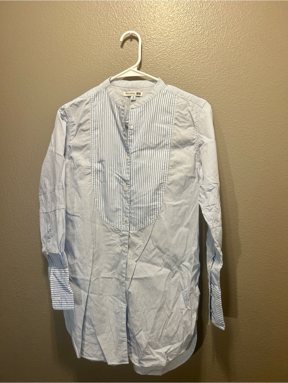 Uniqlo JW Anderson Striped Tuxedo Shirt Dress Band Collar Tunic Blue White XS
